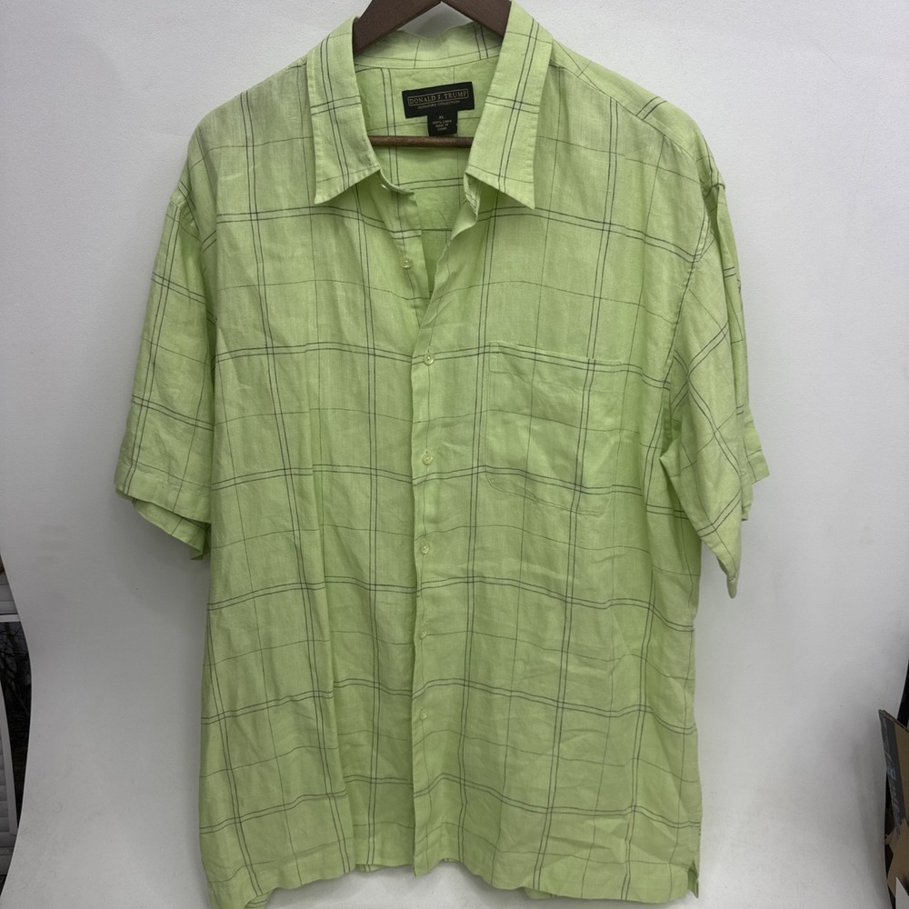 Donald J Trump signature collection collared shirt XL 100% Linen Green